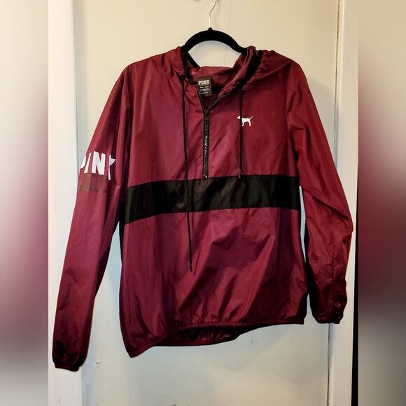 Victoria Secret Pink Windbreaker Anorak Half Zip Up Hoodie Jacket Burgandy Sz XS - Picture 1 of 6